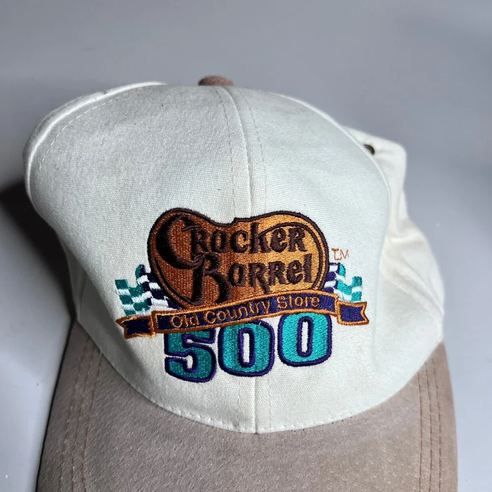 Vintage‎ NASCAR Cracker Barrel 500 Hat Cream Tan Suede Brim Leather Strap Cap